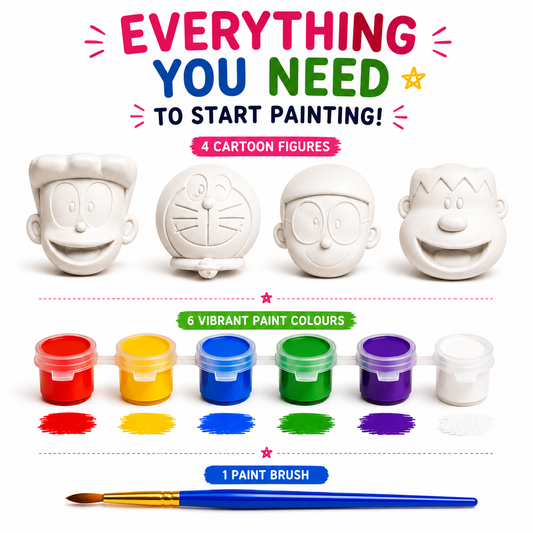 Doraemon DIY Painting Kit for Kids & Adults, 4 Cartoon Figures with 6 Paint Colours & Brush,
