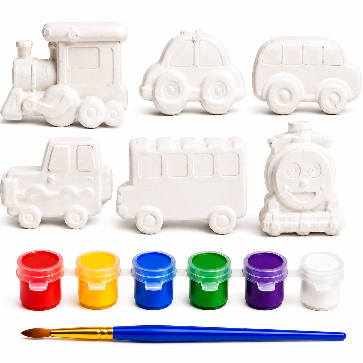 Vehicle Car/Train/Bus Painting Kit for Kids, 6 Figures, 6 Paints & Brush