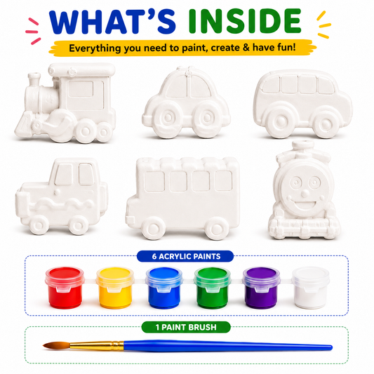 Vehicle Car/Train/Bus Painting Kit for Kids, 6 Figures, 6 Paints & Brush