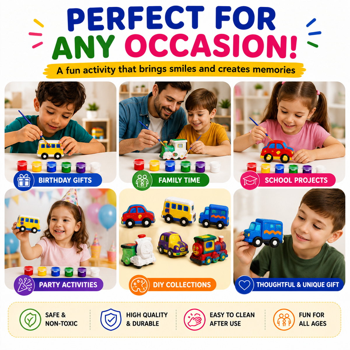 Vehicle Car/Train/Bus Painting Kit for Kids, 6 Figures, 6 Paints & Brush