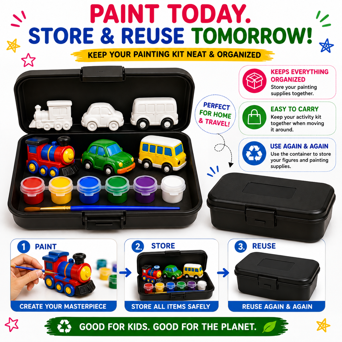 Vehicle Car/Train/Bus Painting Kit for Kids, 6 Figures, 6 Paints & Brush