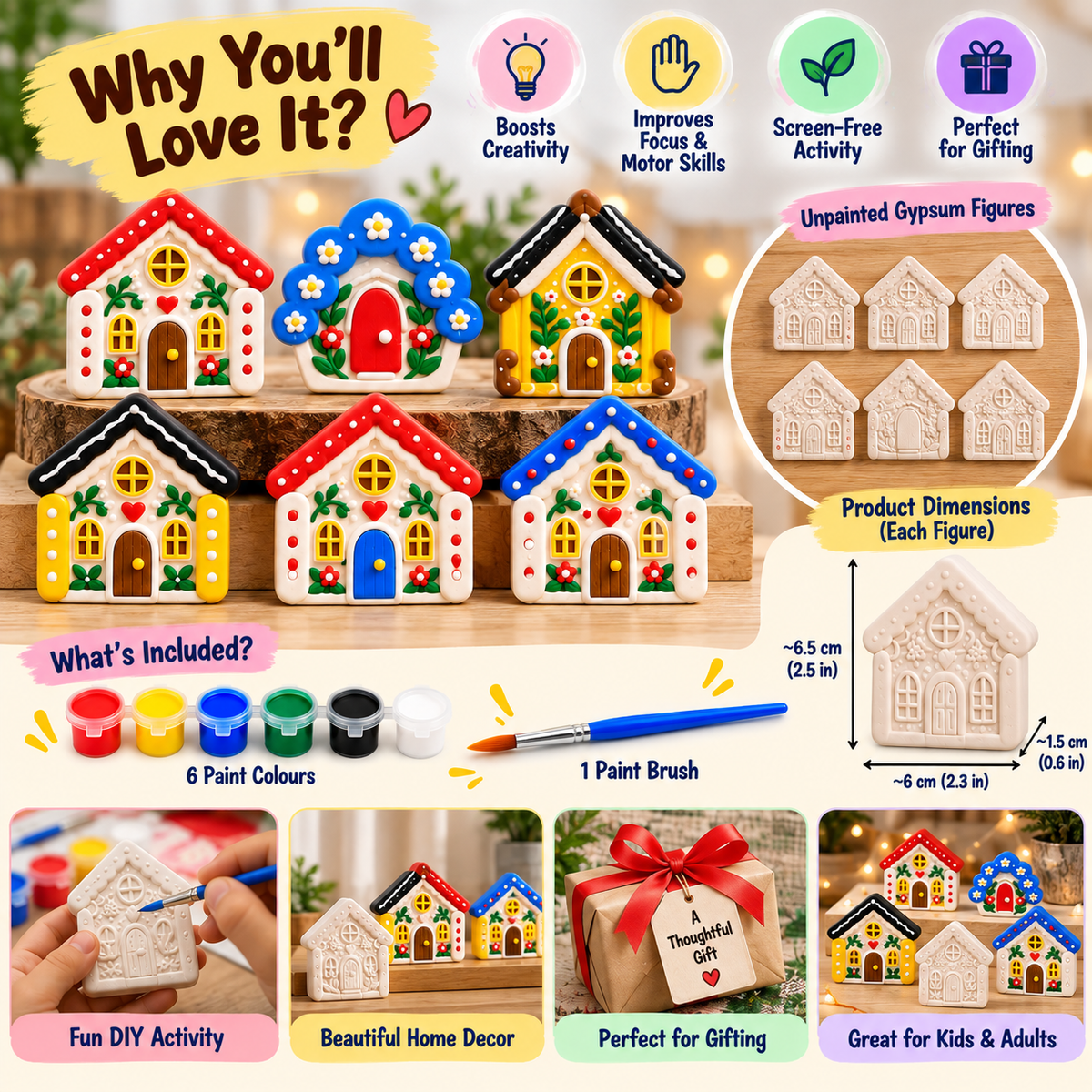 DIY Gypsum House Painting Kit for Kids, Miniature Home