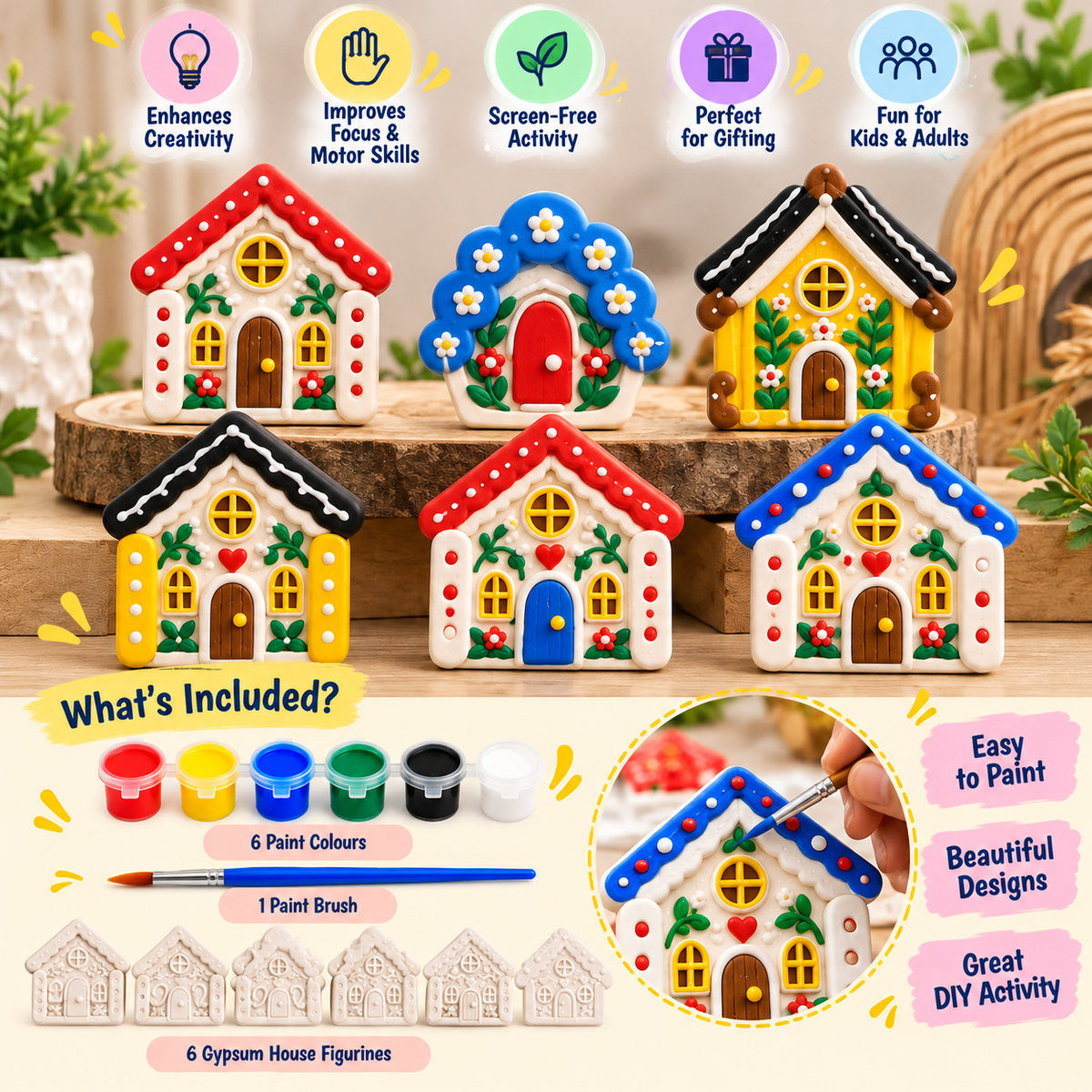 DIY Gypsum House Painting Kit for Kids, Miniature Home