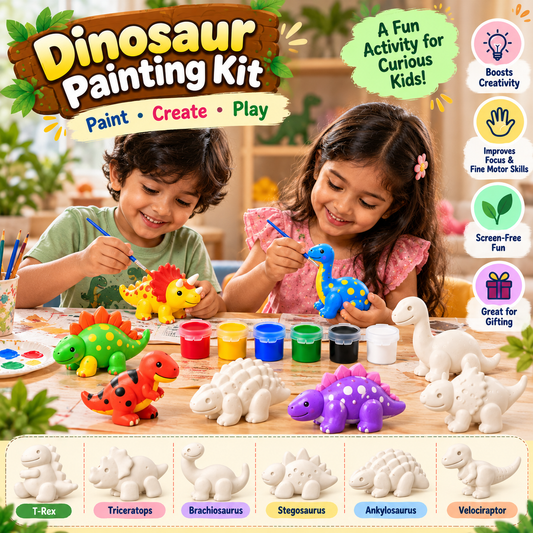 DIY Dinosaur Painting Kit for Kids with 6 White Dinosaur Models, 12 Color Paint Pots & Paint Brush | Creative Art & Craft Activity Set for Kids