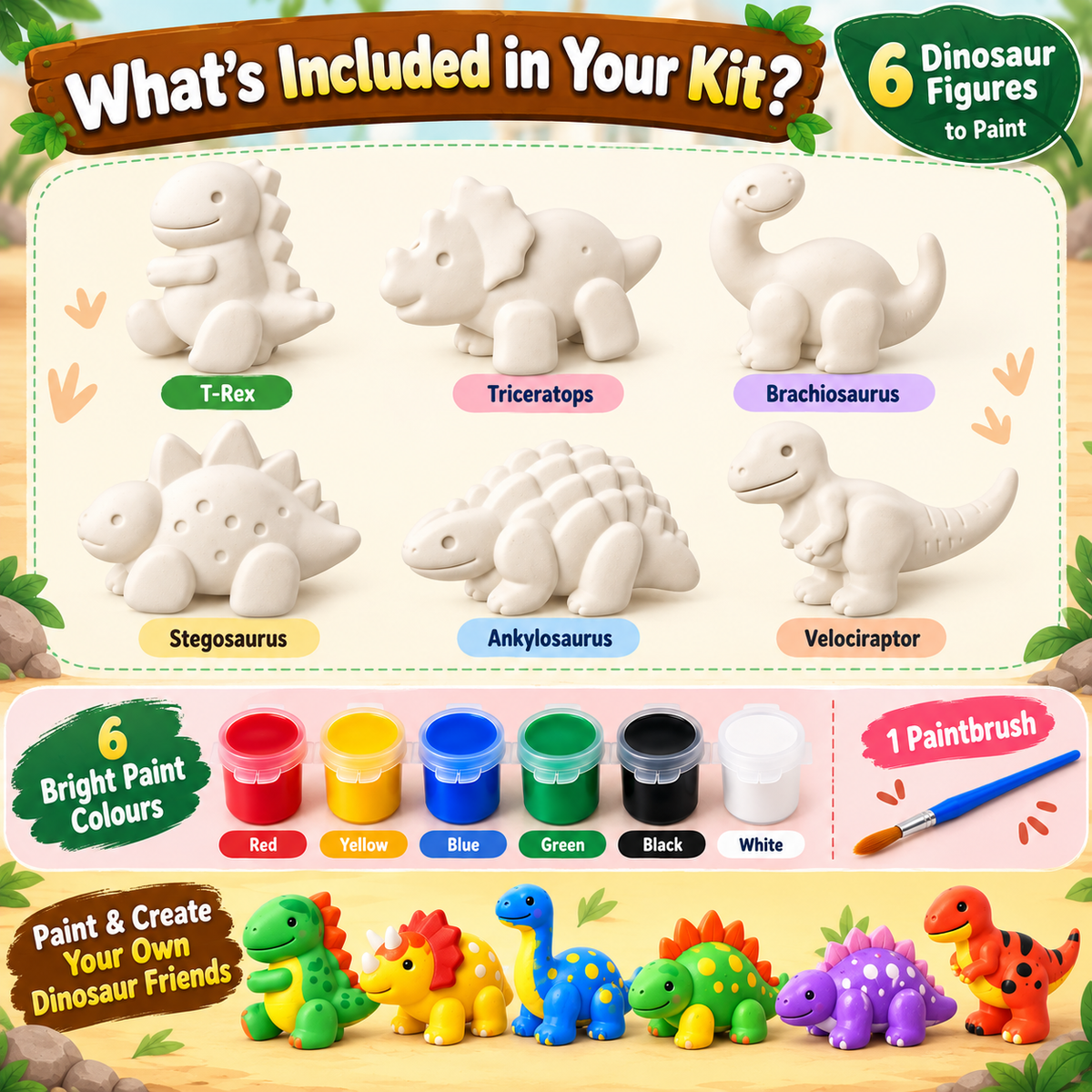 DIY Dinosaur Painting Kit for Kids with 6 White Dinosaur Models, 12 Color Paint Pots & Paint Brush | Creative Art & Craft Activity Set for Kids