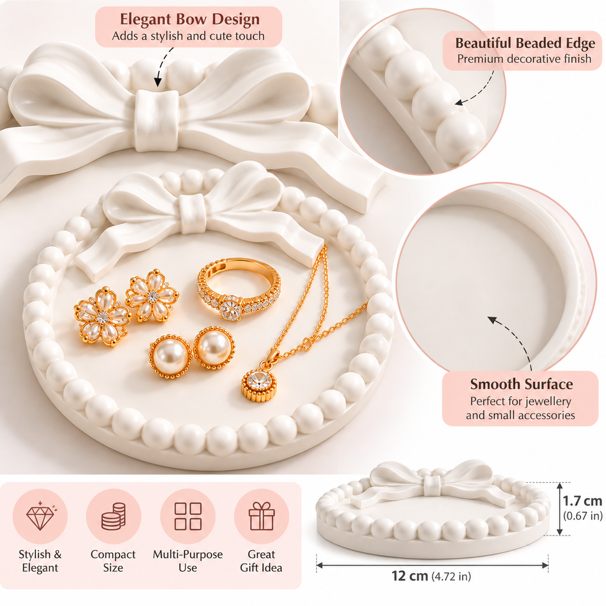 Decorative Concrete Trinket Tray with Bow Design, Round Jewellery Dish for Rings, Earrings, Necklaces, Keys & Small Accessories, Elegant Vanity Organizer for Bedroom and Dressing Table