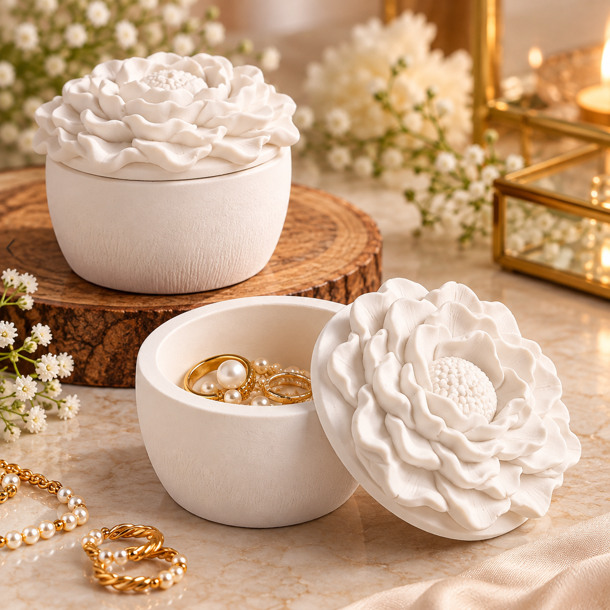 Rose Shaped Jewellery Box with Lid, Decorative Trinket Storage Box for Rings and Earrings