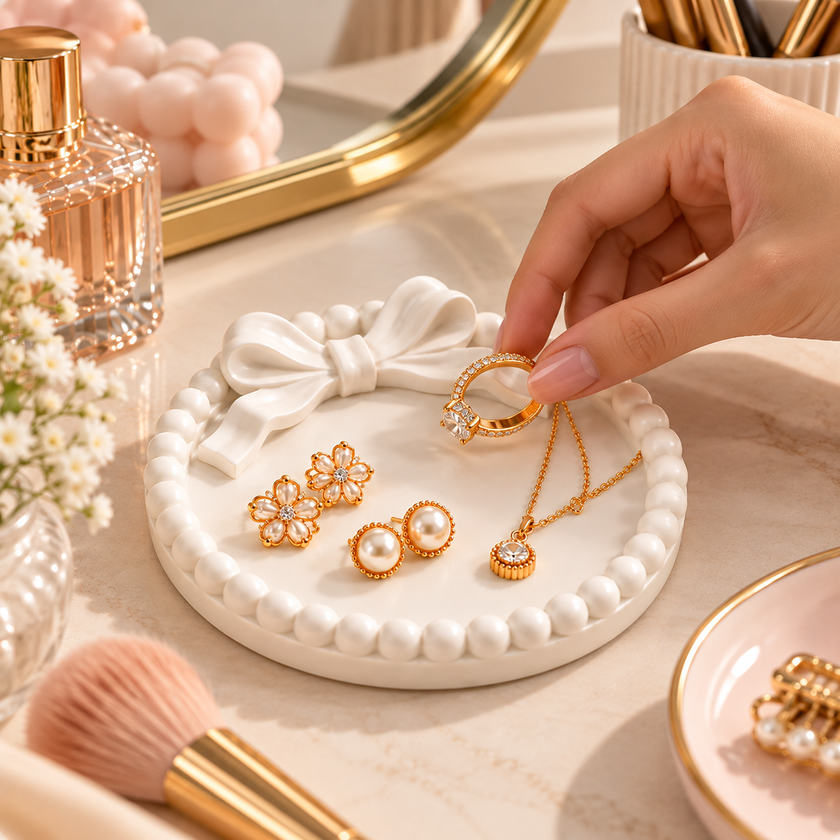 Decorative Concrete Trinket Tray with Bow Design, Round Jewellery Dish for Rings, Earrings, Necklaces, Keys & Small Accessories, Elegant Vanity Organizer for Bedroom and Dressing Table