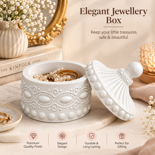 Decorative Jewellery Box with Lid, White Embossed Round Trinket Storage Box for Rings, Earrings, Necklaces & Small Accessories, Elegant Vanity Organizer gem shape