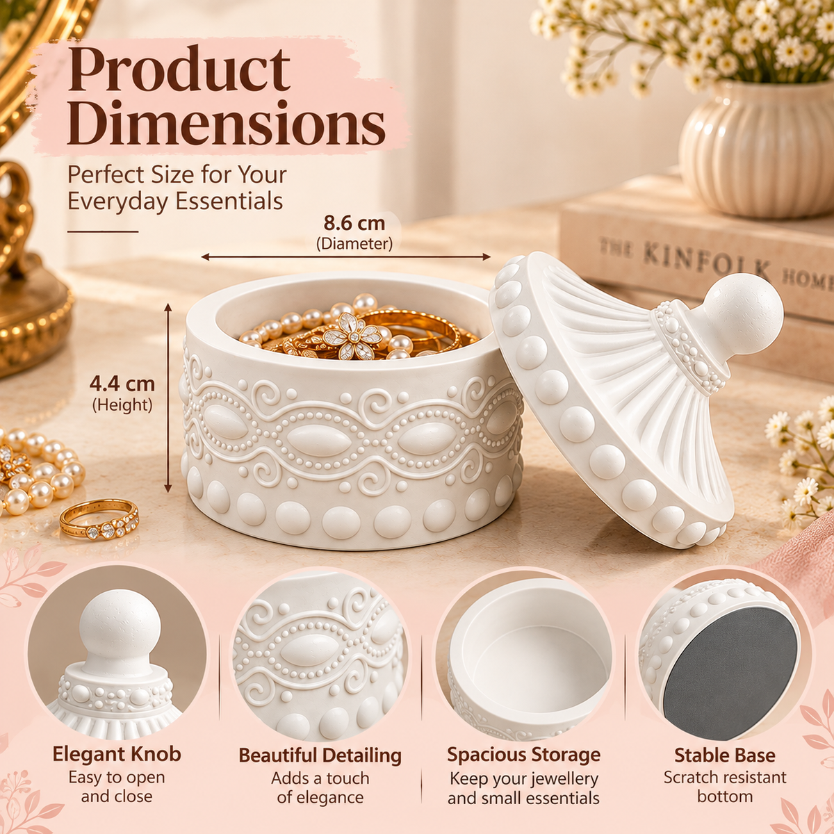 Decorative Jewellery Box with Lid, White Embossed Round Trinket Storage Box for Rings, Earrings, Necklaces & Small Accessories, Elegant Vanity Organizer gem shape