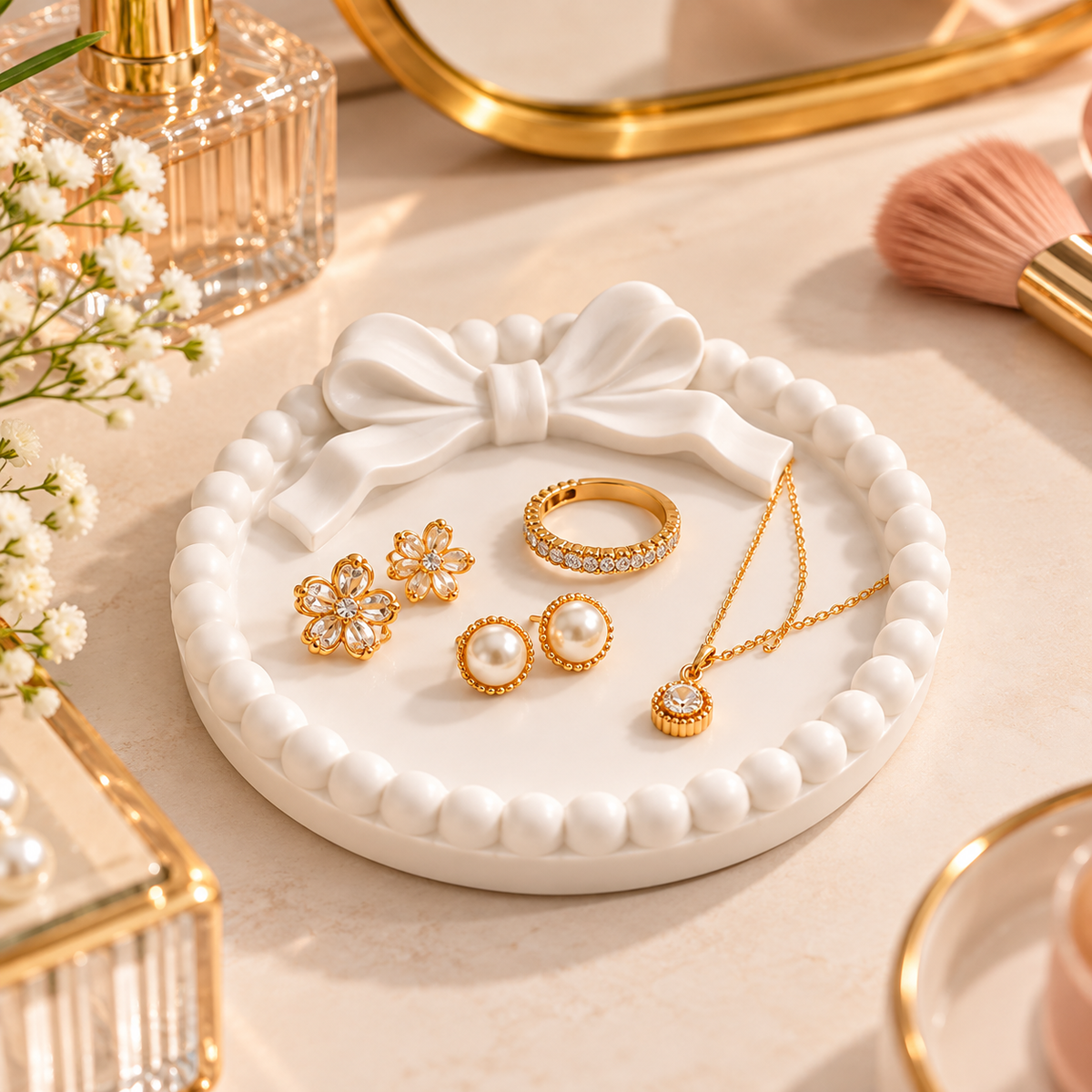 Decorative Concrete Trinket Tray with Bow Design, Round Jewellery Dish for Rings, Earrings, Necklaces, Keys & Small Accessories, Elegant Vanity Organizer for Bedroom and Dressing Table