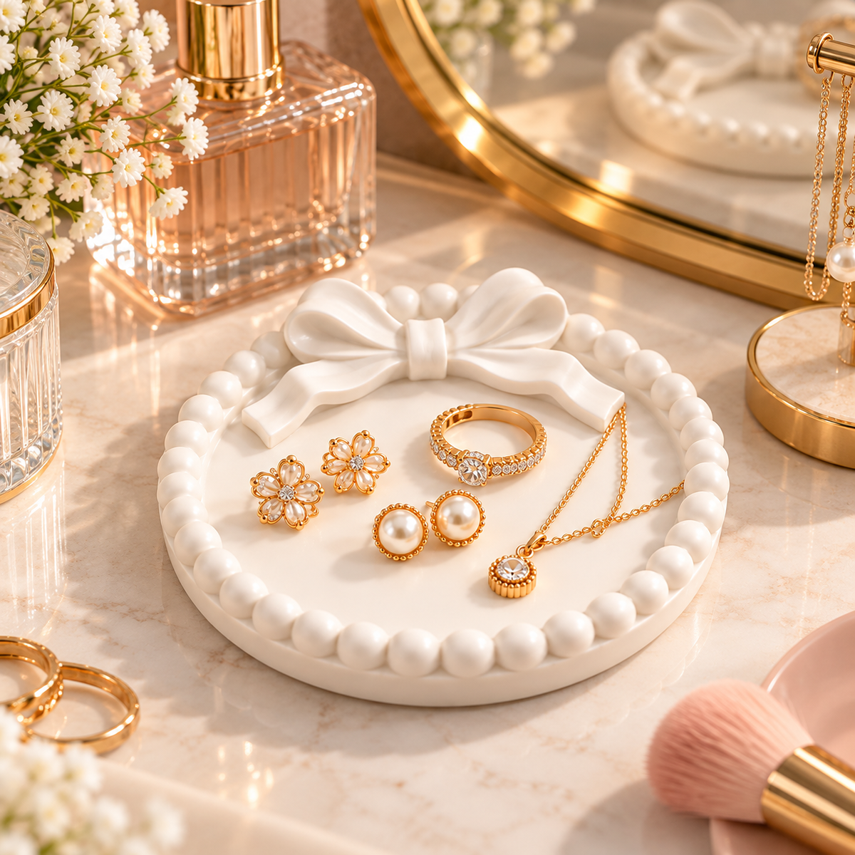 Decorative Concrete Trinket Tray with Bow Design, Round Jewellery Dish for Rings, Earrings, Necklaces, Keys & Small Accessories, Elegant Vanity Organizer for Bedroom and Dressing Table