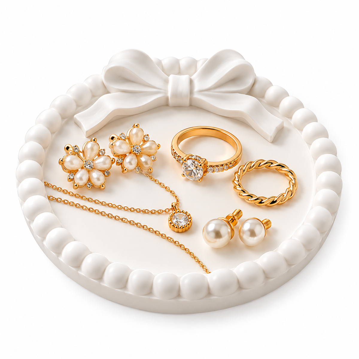 Decorative Concrete Trinket Tray with Bow Design, Round Jewellery Dish for Rings, Earrings, Necklaces, Keys & Small Accessories, Elegant Vanity Organizer for Bedroom and Dressing Table