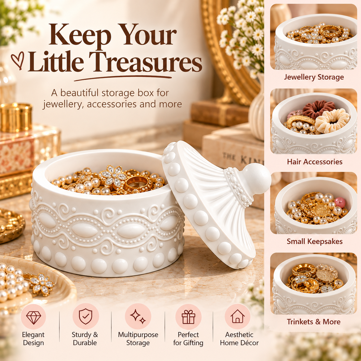 Decorative Jewellery Box with Lid, White Embossed Round Trinket Storage Box for Rings, Earrings, Necklaces & Small Accessories, Elegant Vanity Organizer gem shape