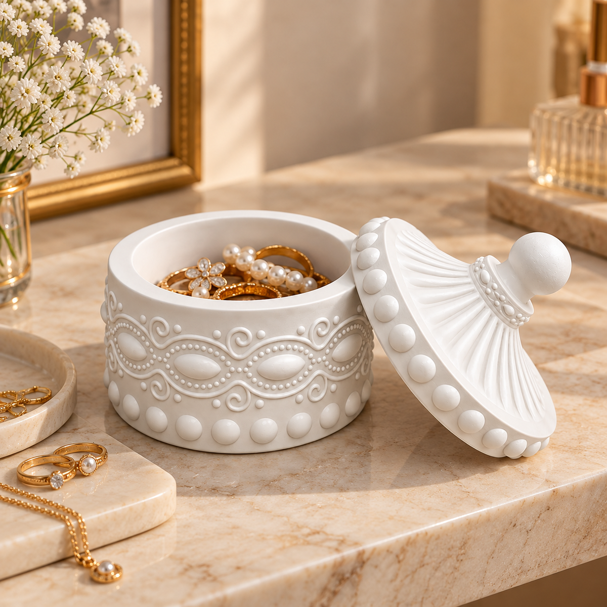 Decorative Jewellery Box with Lid, White Embossed Round Trinket Storage Box for Rings, Earrings, Necklaces & Small Accessories, Elegant Vanity Organizer gem shape