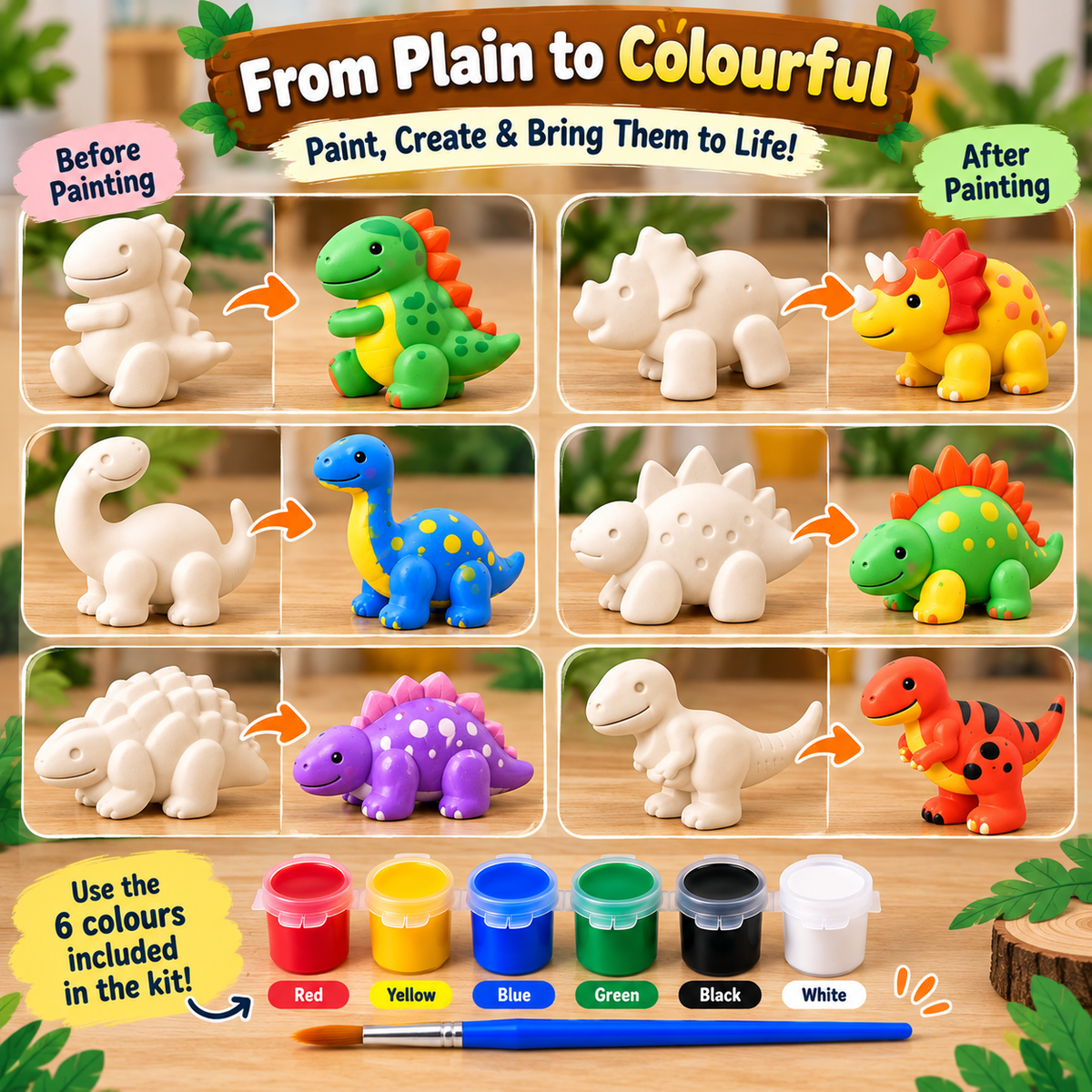 DIY Dinosaur Painting Kit for Kids with 6 White Dinosaur Models, 12 Color Paint Pots & Paint Brush | Creative Art & Craft Activity Set for Kids