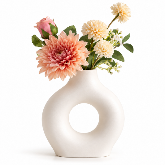 Concrete Flower Vase, Modern Donut Shape Decorative Vase for Home Decor, Minimalist Sculptural Flower Holder for Living Room, Bedroom, Office & Table Decoration