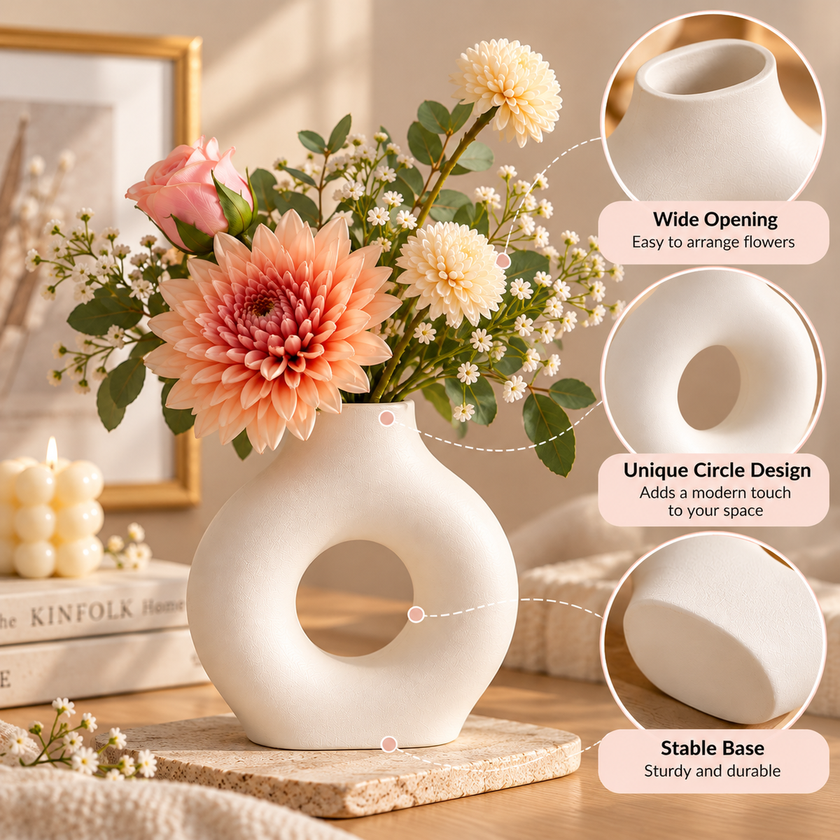 Concrete Flower Vase, Modern Donut Shape Decorative Vase for Home Decor, Minimalist Sculptural Flower Holder for Living Room, Bedroom, Office & Table Decoration