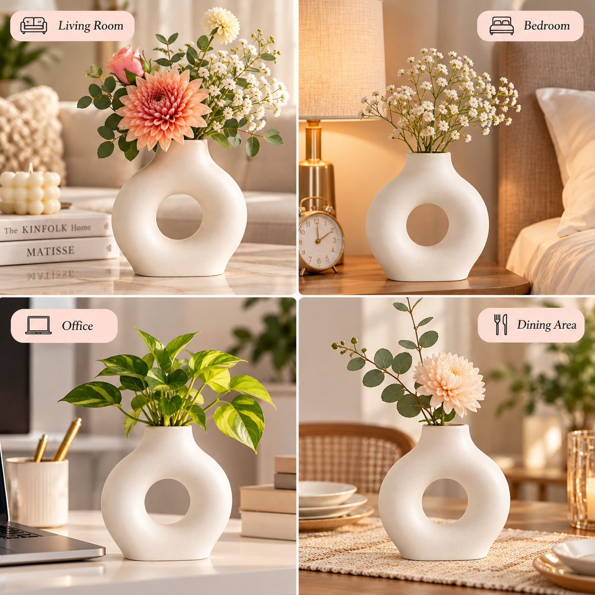 Concrete Flower Vase, Modern Donut Shape Decorative Vase for Home Decor, Minimalist Sculptural Flower Holder for Living Room, Bedroom, Office & Table Decoration