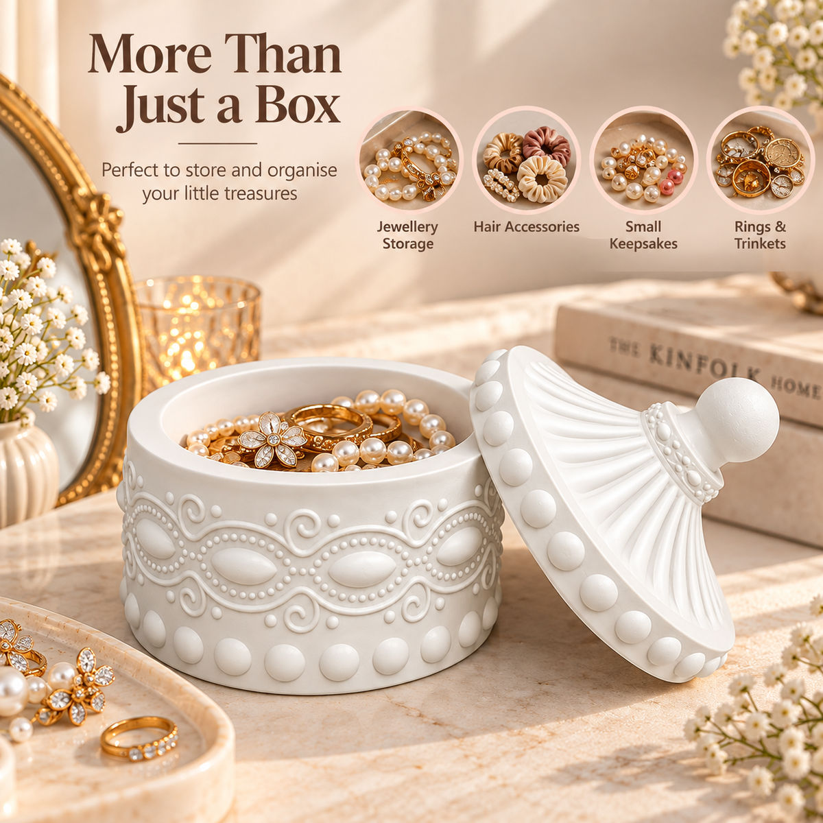 Decorative Jewellery Box with Lid, White Embossed Round Trinket Storage Box for Rings, Earrings, Necklaces & Small Accessories, Elegant Vanity Organizer gem shape