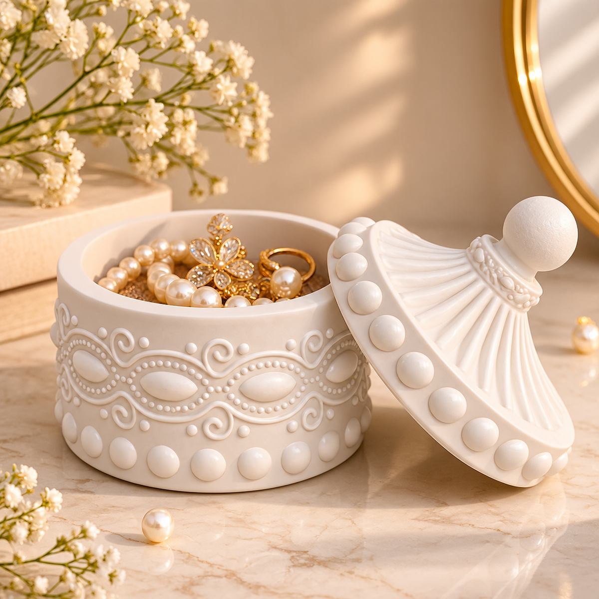 Decorative Jewellery Box with Lid, White Embossed Round Trinket Storage Box for Rings, Earrings, Necklaces & Small Accessories, Elegant Vanity Organizer gem shape