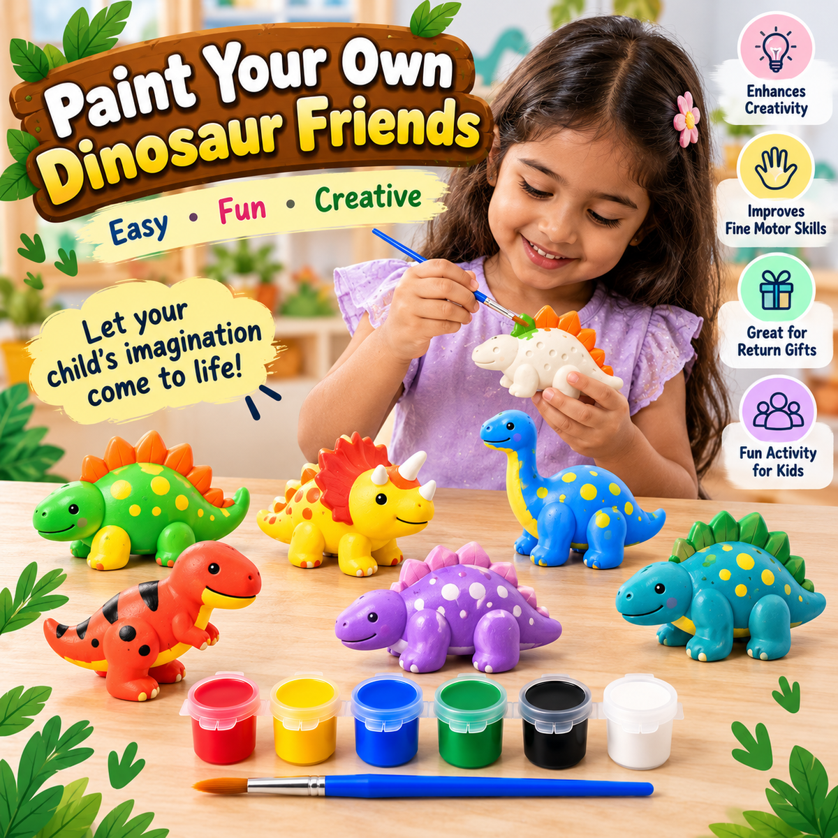DIY Dinosaur Painting Kit for Kids with 6 White Dinosaur Models, 12 Color Paint Pots & Paint Brush | Creative Art & Craft Activity Set for Kids