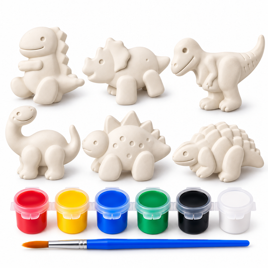 DIY Dinosaur Painting Kit for Kids with 6 White Dinosaur Models, 12 Color Paint Pots & Paint Brush | Creative Art & Craft Activity Set for Kids